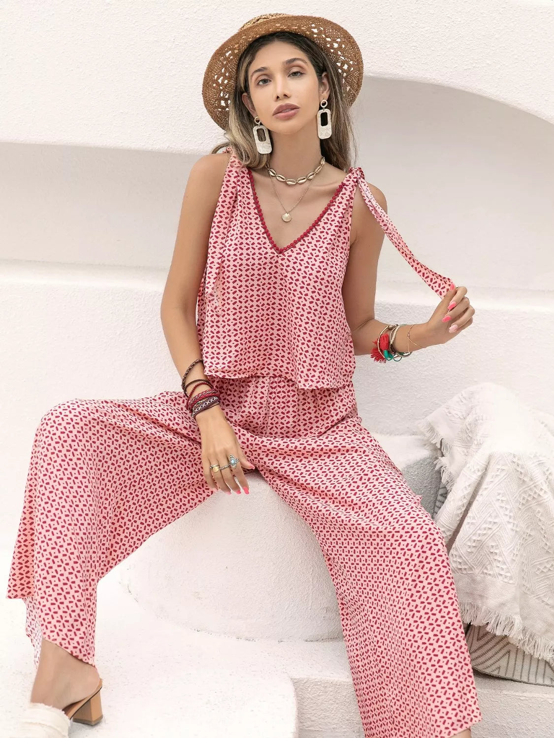 Gingham Tie Shoulder Top and Pants Set-Nordavory