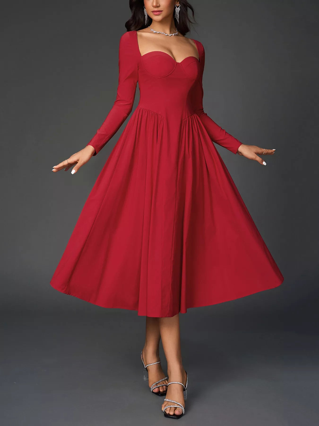 Sweetheart Neckline Long Sleeve A-Line Midi Dress-Nordavory
