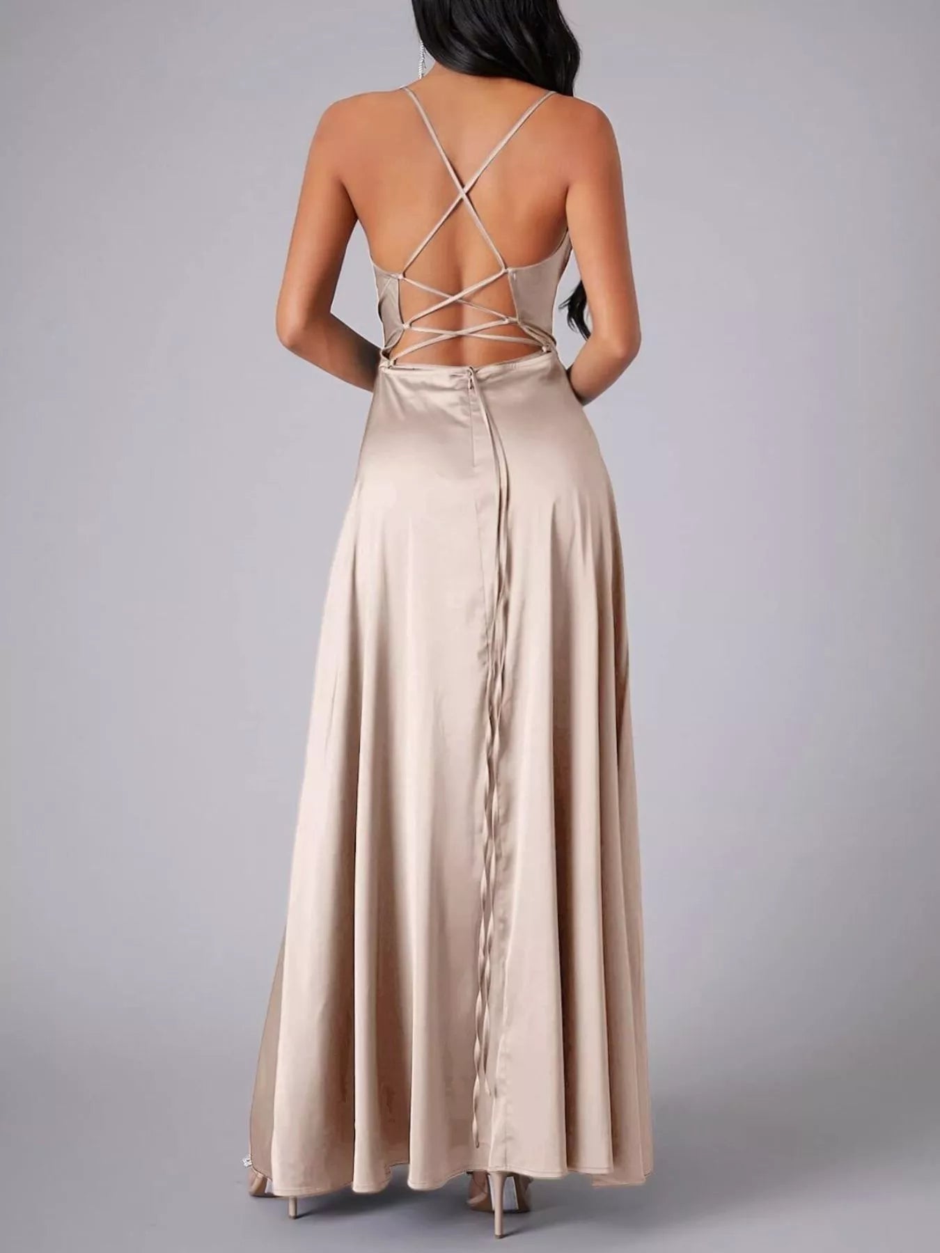 Lace Up Back Split Maxi Dress-Nordavory
