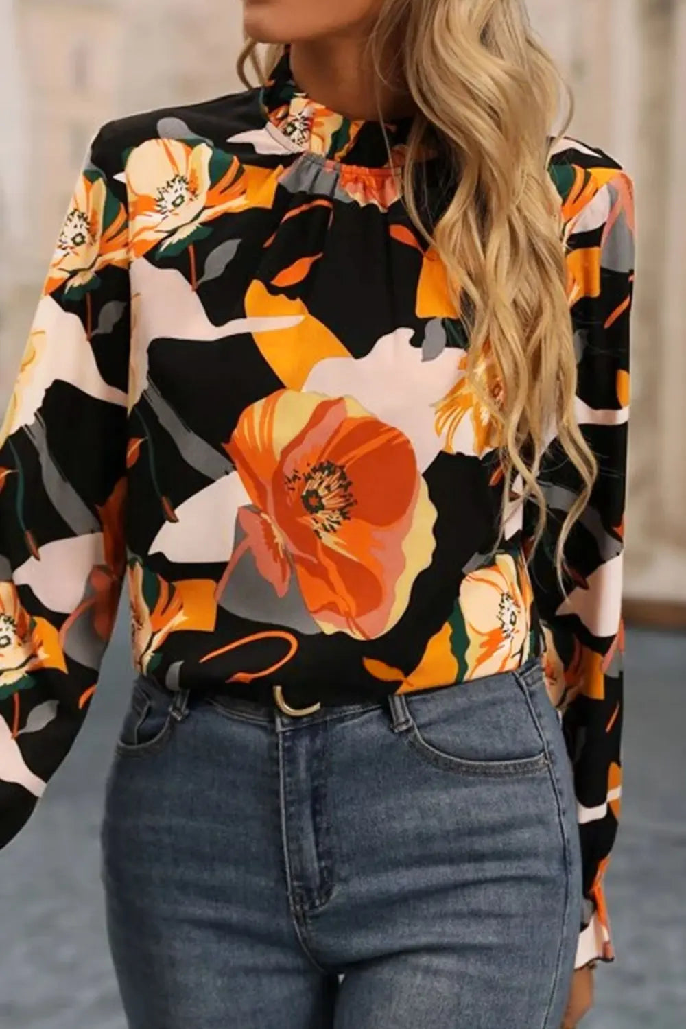 Floral Mock Neck Flounce Sleeve Blouse-Nordavory