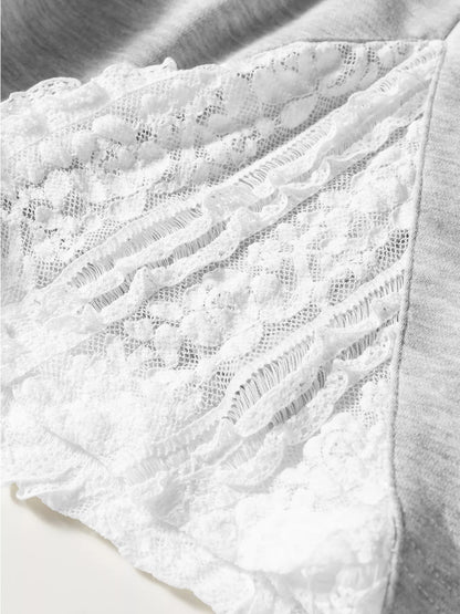 Lace Patchwork Drop Shoulder Top and Drawstring Skort 2pcs Outfit-Nordavory