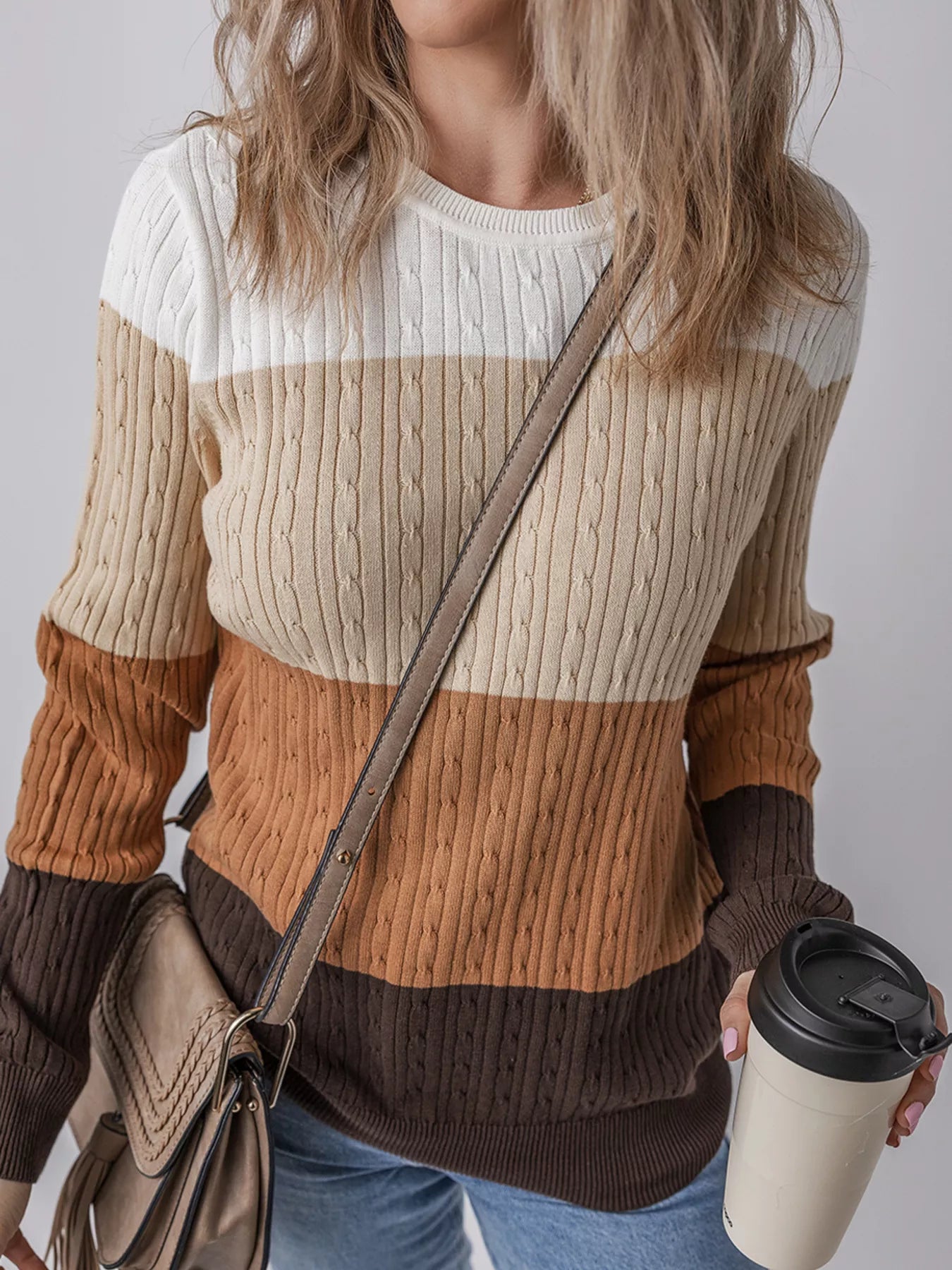 Colorblock Cable Knit Round Neck Sweater-Nordavory