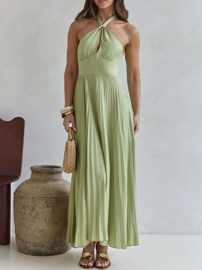 Halter Neck Pleated A-Line Dress-Nordavory
