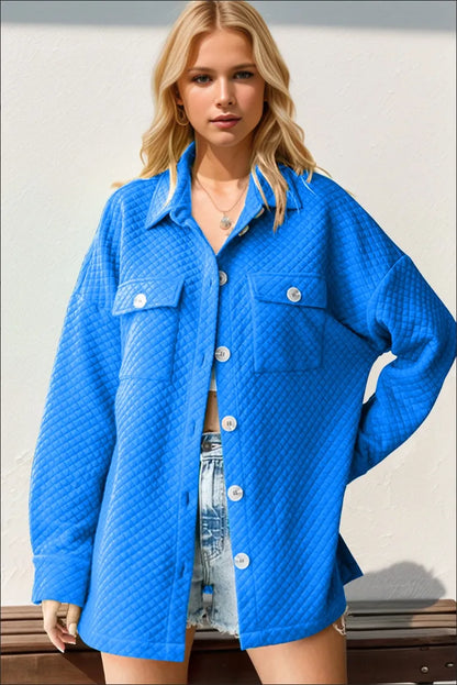 Double Take Full Size Textured Button Up Drop Shoulder Shacket-Nordavory