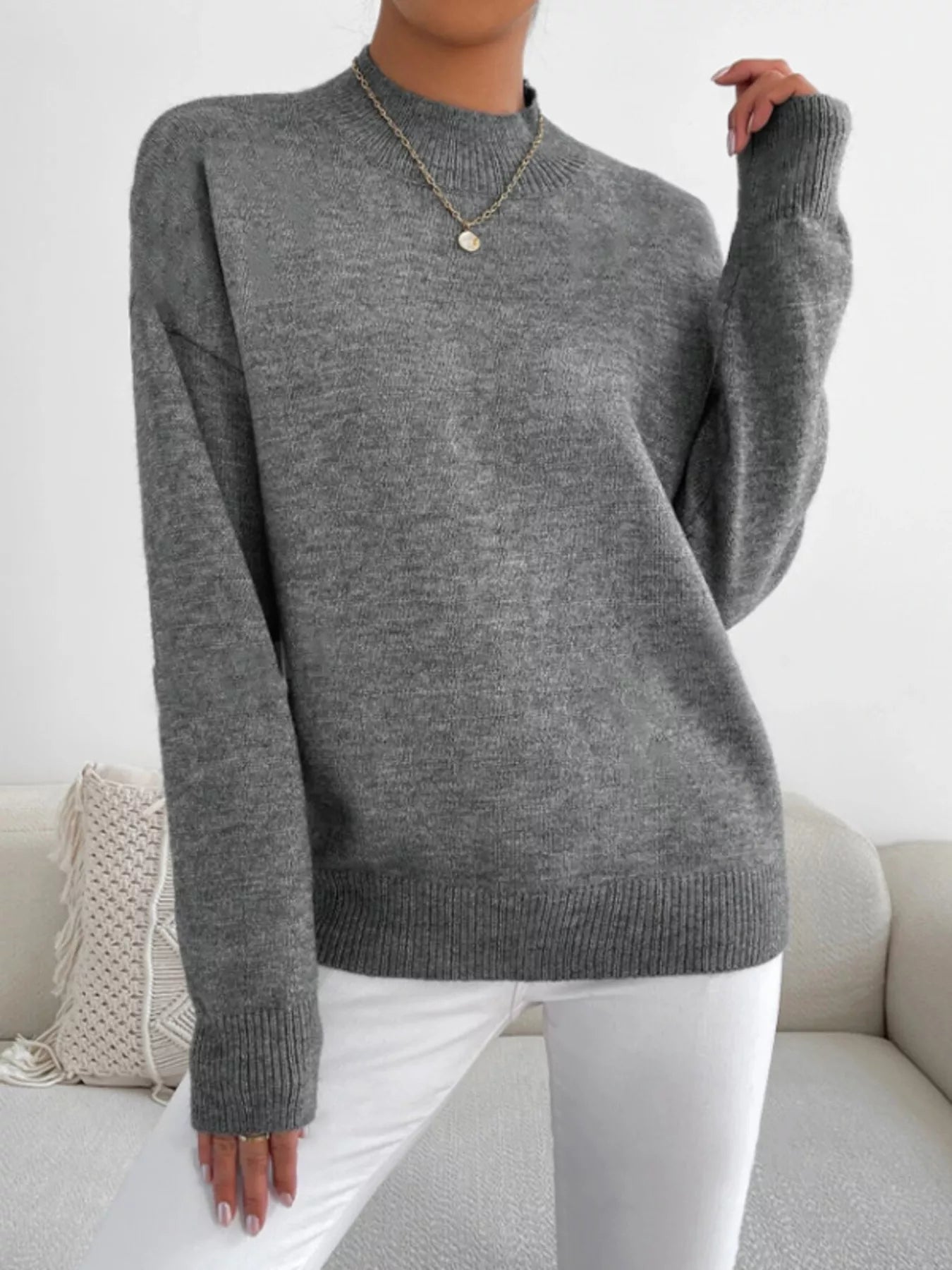 Mock Neck Dropped Shoulder Sweater-Nordavory