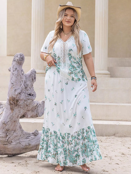 Plus Size Printed Lace Detail Short Sleeve Top and Skirt Set-Nordavory