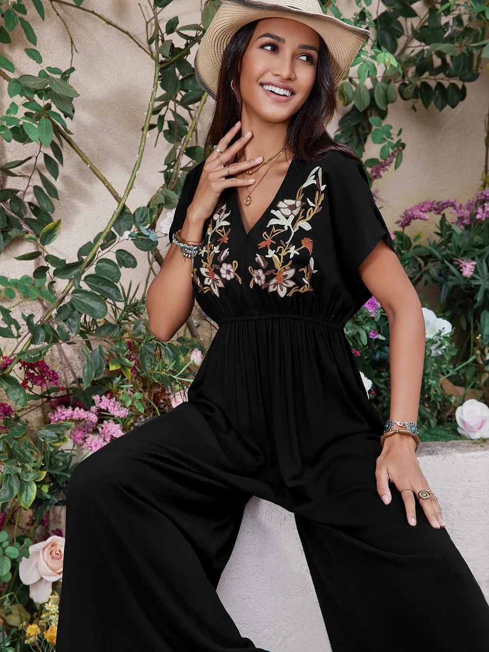 Embroidered Ruched Short Sleeve Jumpsuit-Nordavory