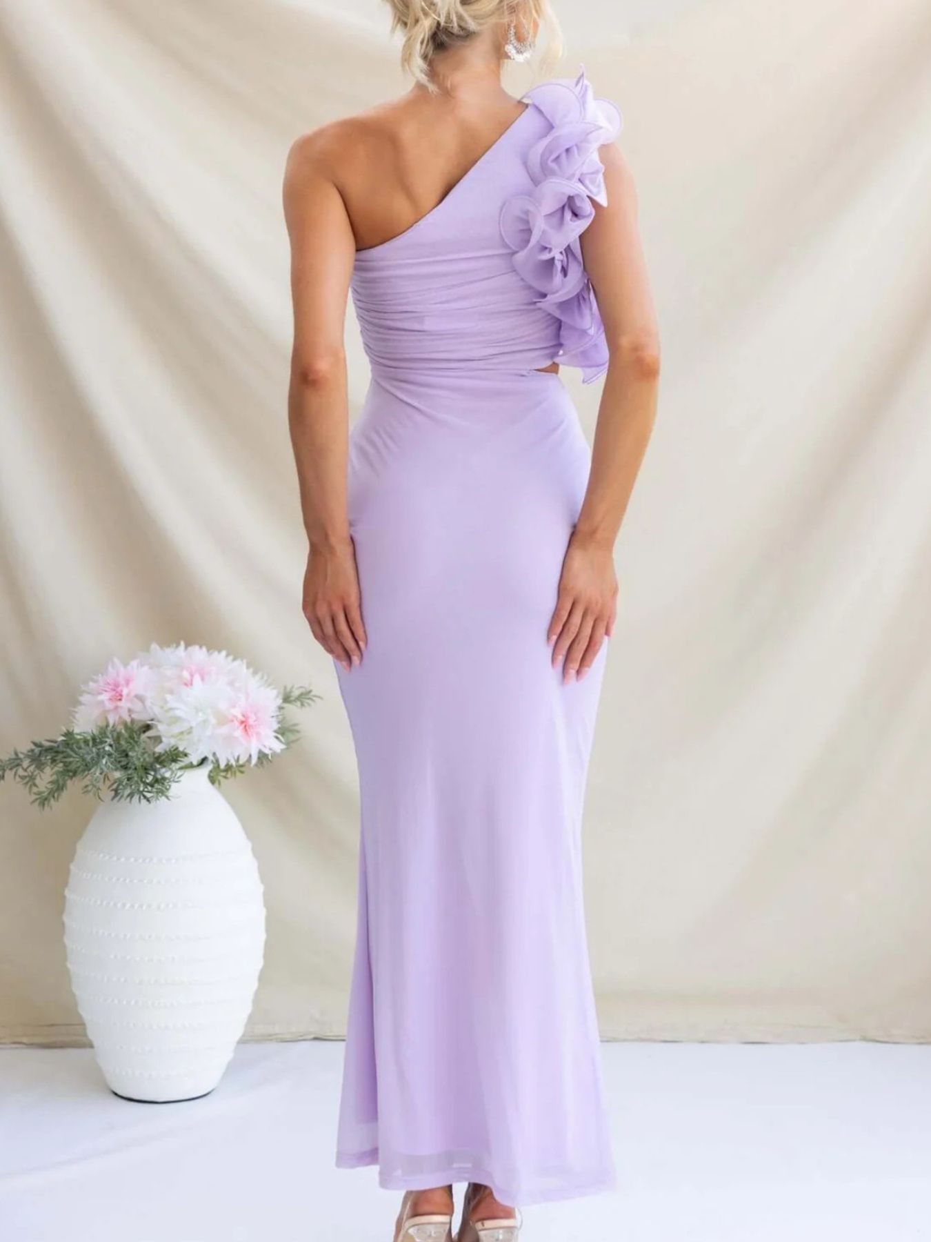 One-Shoulder Floral Trim Sleeveless Maxi Dress-Nordavory