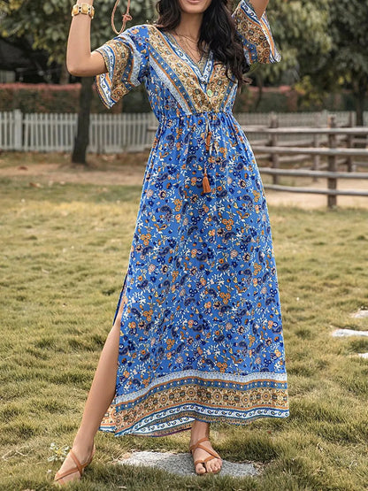 Slit Printed V-Neck Half Sleeve Maxi Dress-Nordavory