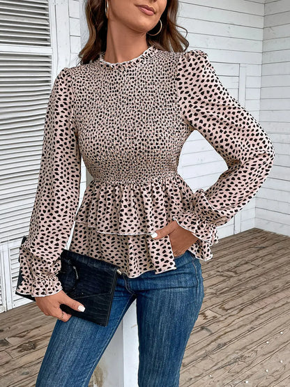 Perfee Printed Round Neck Smocked Flounce Sleeve T-Shirt-Nordavory