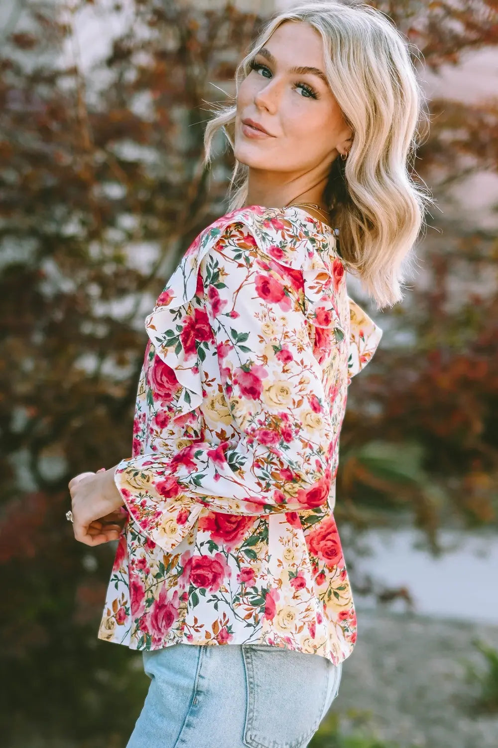 Floral Round Neck Smocked Blouse-Nordavory
