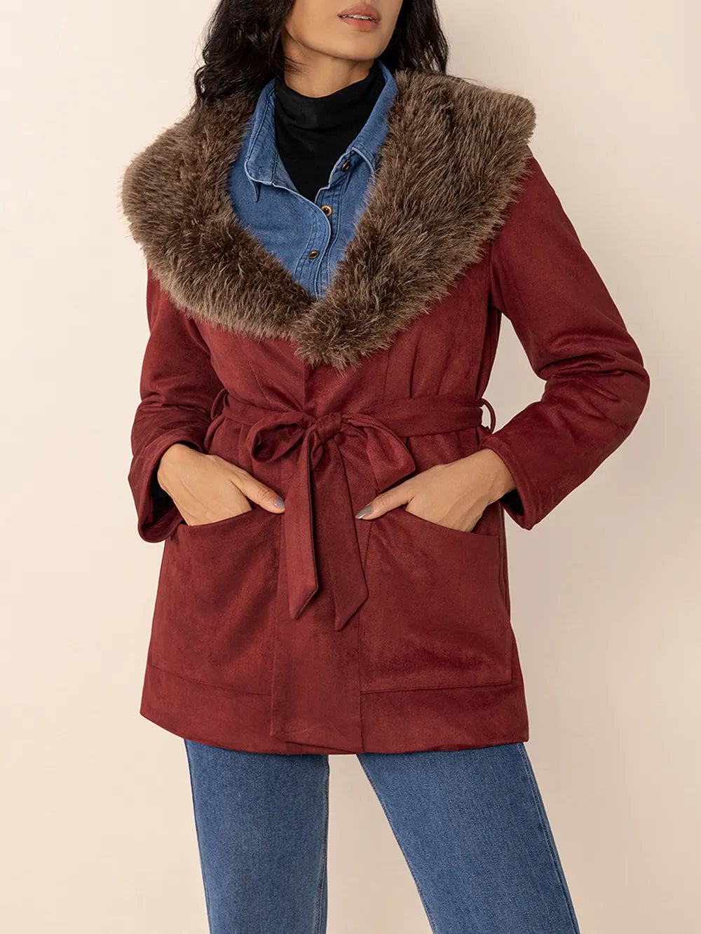 Fuzzy Collared Neck Tie Waist Jacket-Nordavory