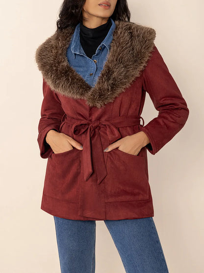 Fuzzy Collared Neck Tie Waist Jacket-Nordavory