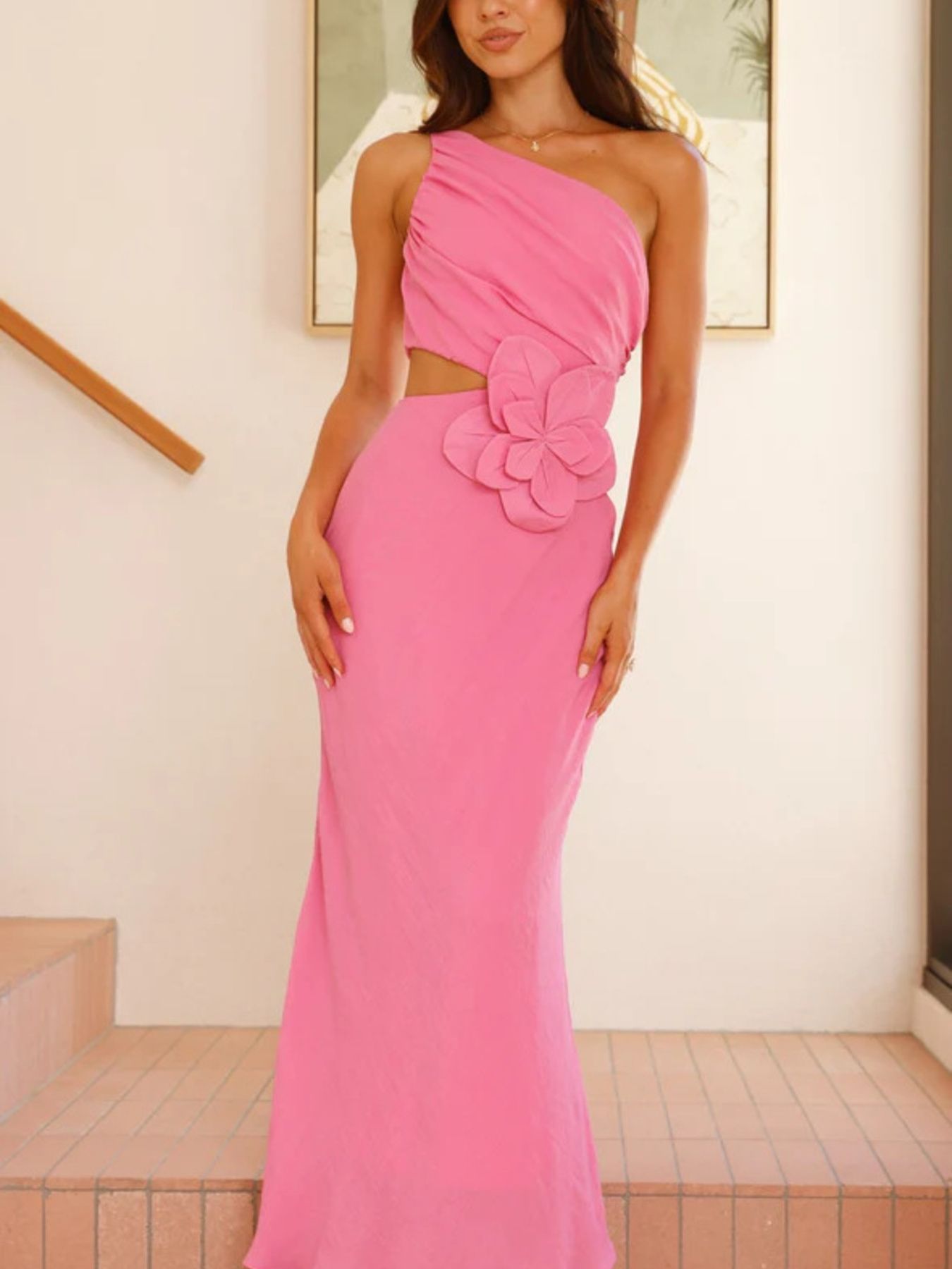 One-Shoulder Floral Cutout Dress-Nordavory