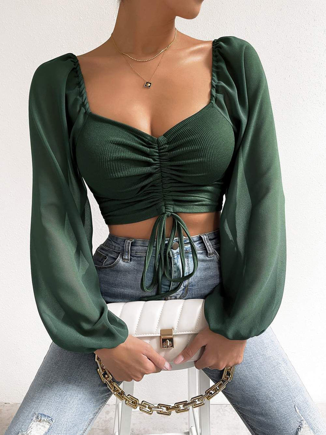 Drawstring Sweetheart Neck Cropped Top-Nordavory
