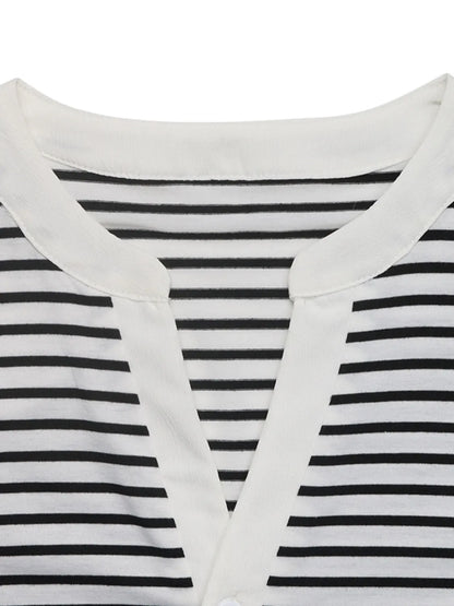 Striped Notched Short Sleeve T-Shirt-Nordavory