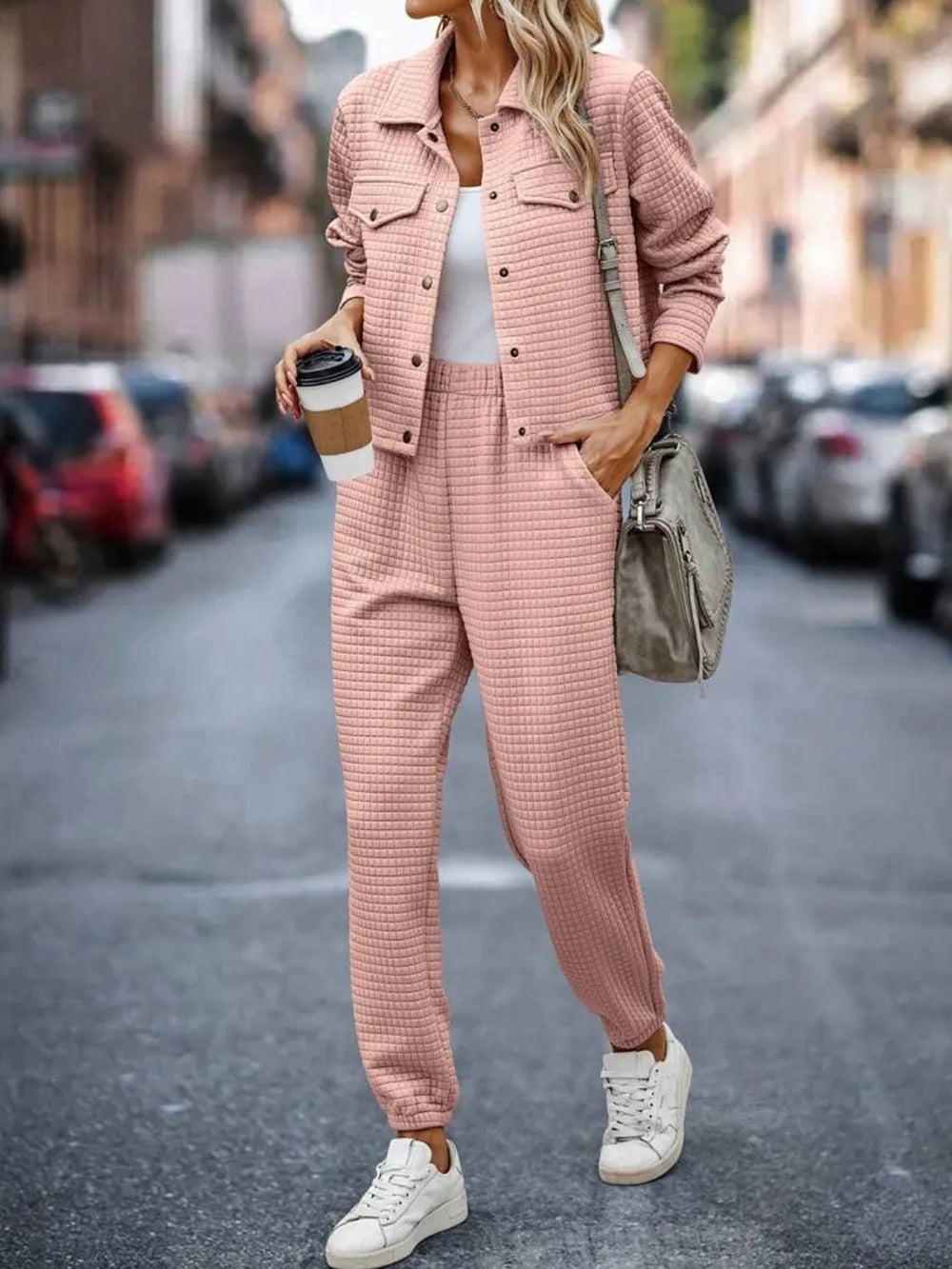 Plaid Texture Snap Down Top and Pants Set-Nordavory