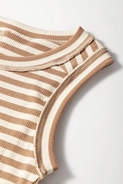 Stripe Exposed Seam Trim Round Neck Sleeveless Top-Nordavory