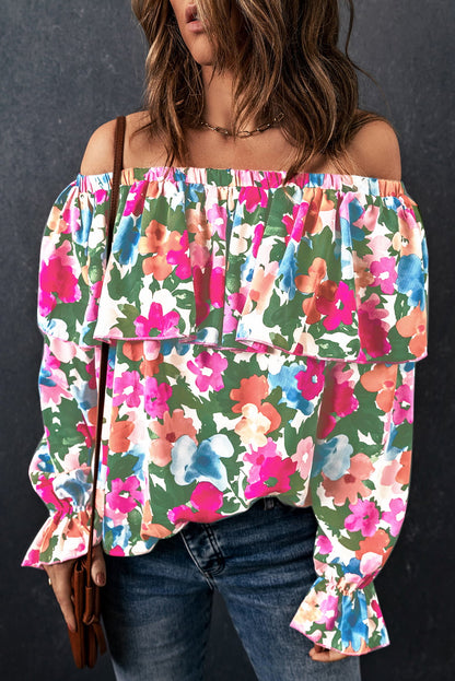 Floral Off-Shoulder Flounce Sleeve Layered Blouse-Nordavory