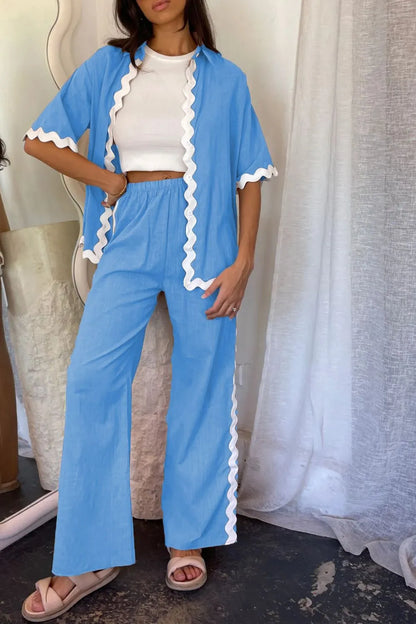 Contrast Trim Half Sleeve Top and Pants Set-Nordavory