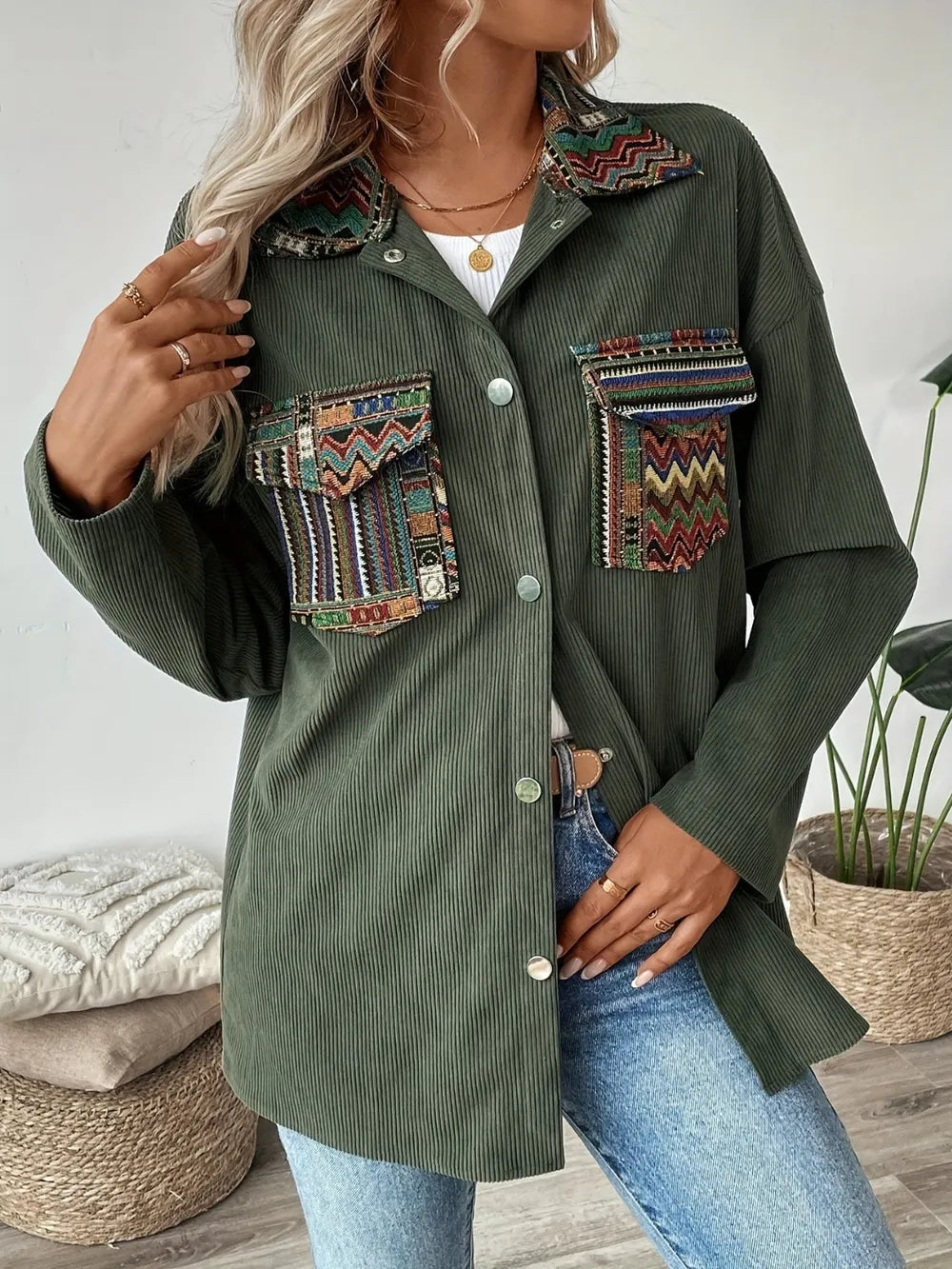 Snap Down Long Sleeve Jacket with Chest Pockets-Nordavory
