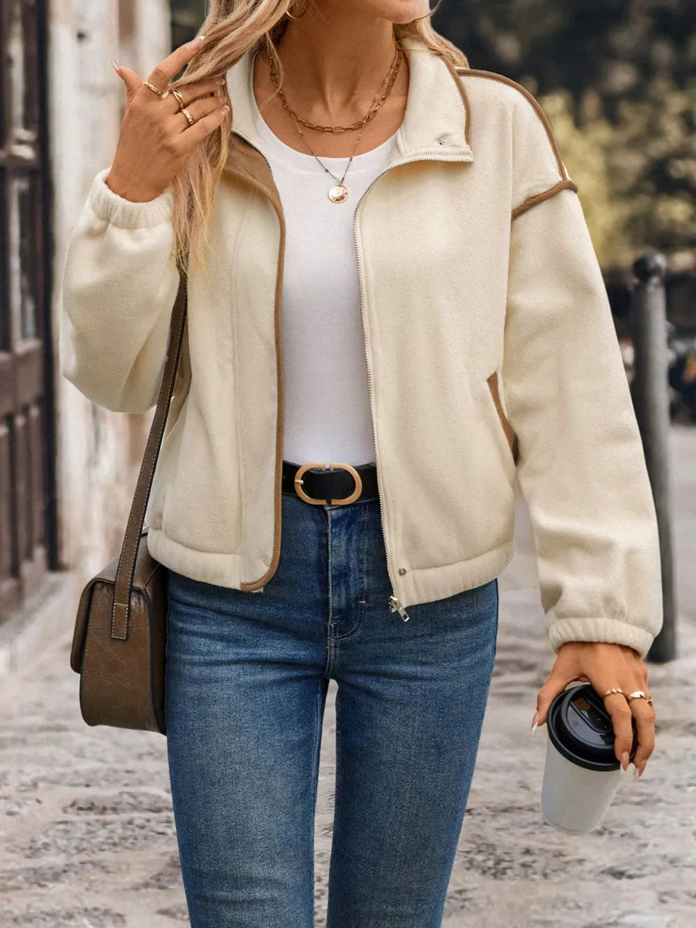 Perfee Zip Up Dropped Shoulder Polar Fleece Jacket-Nordavory