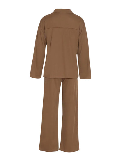 Collared Neck Long Sleeve Top and Drawstring Pants Set-Nordavory