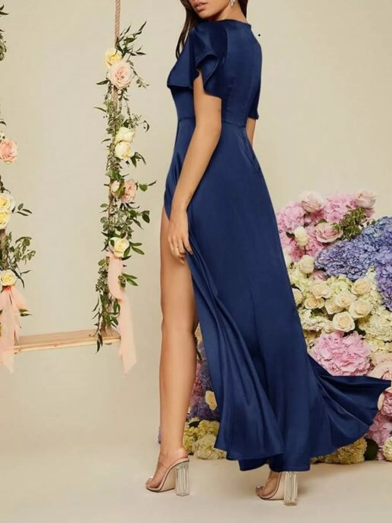 Flutter Sleeve Slit Maxi Dress-Nordavory