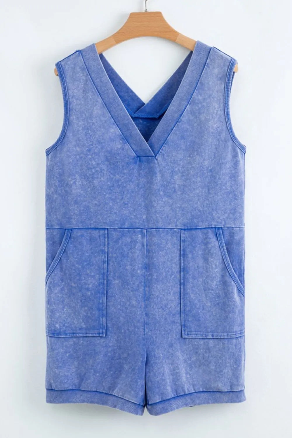 Mineral Wash Pocketed Sleeveless V Neck Loose Romper-Nordavory