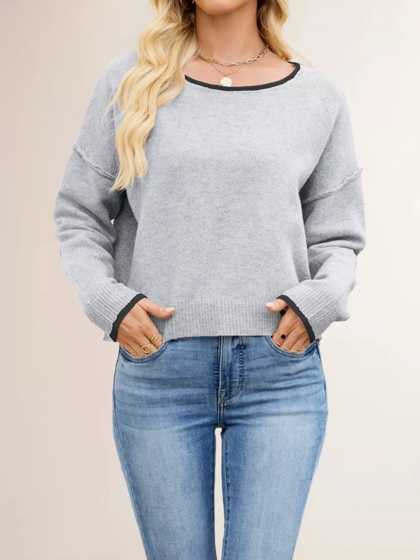 Round Neck Dropped Shoulder Sweater-Nordavory