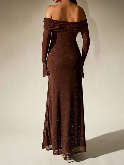 Glitter Off-Shoulder Maxi Dress-Nordavory