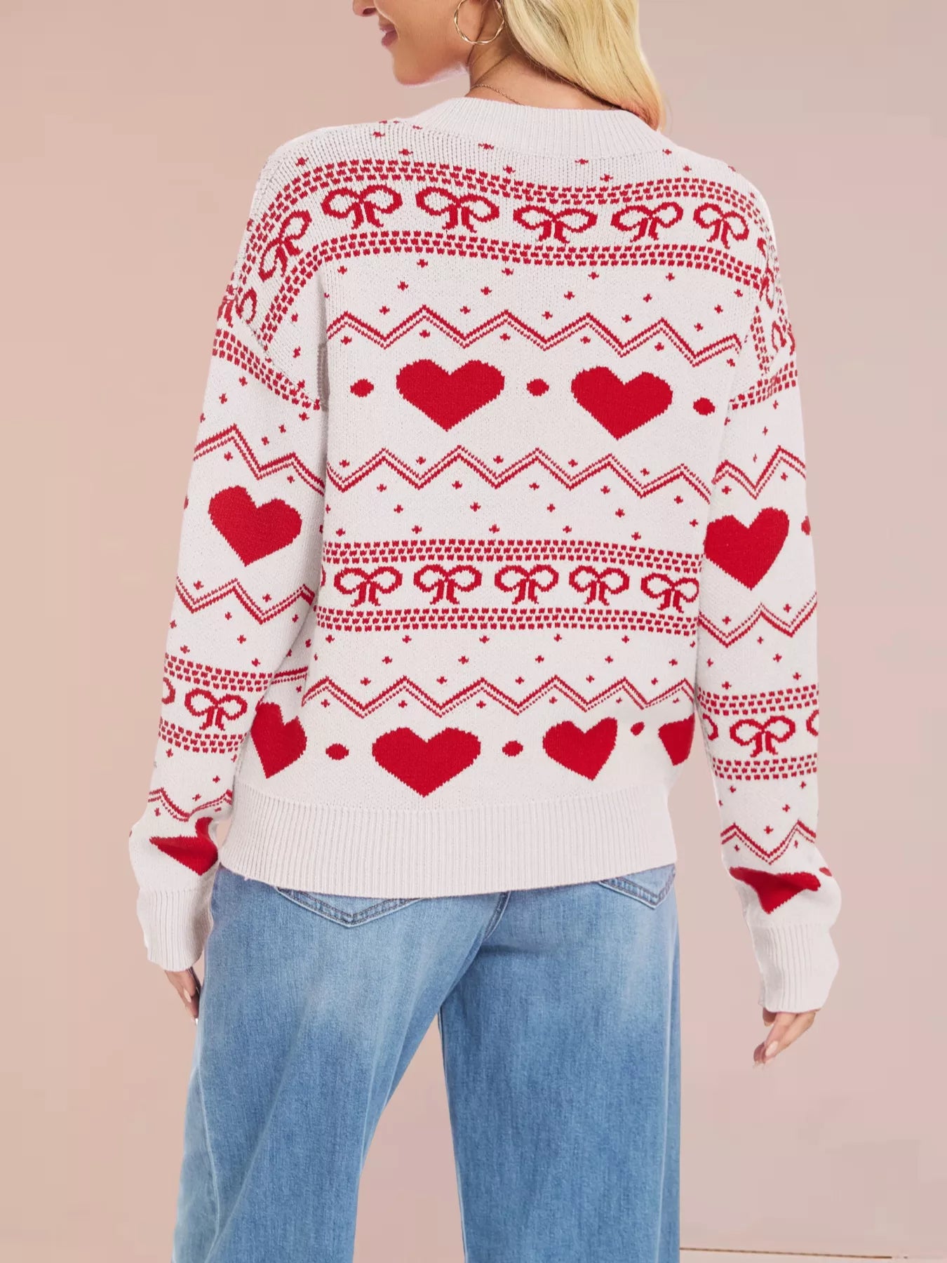 Heart & Bow Pattern Round Neck Sweater-Nordavory