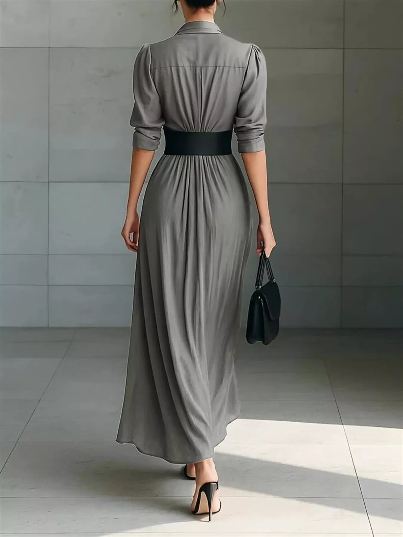 Full Size Button Front Ruched Shirt Maxi Dress Plus Size-Nordavory