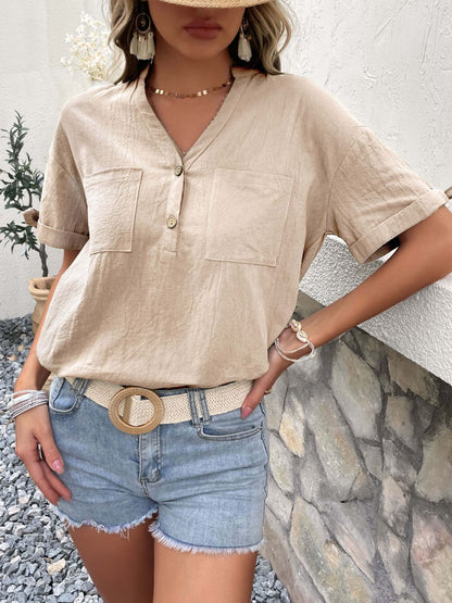 Perfee Buttoned Notched Neck Cuffed Sleeve Blouse-Nordavory