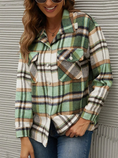 Plaid Collared Neck Long Sleeve Jacket-Nordavory