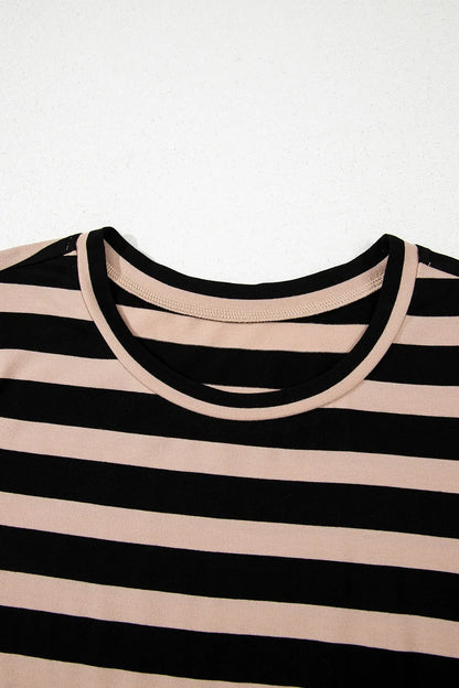 Stripe Casual Round Neck Tee Dress with Pockets-Nordavory
