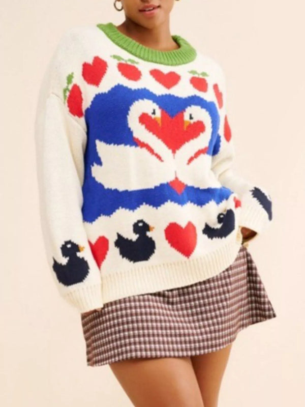 Swan Heart Pattern Round Neck Sweater-Nordavory