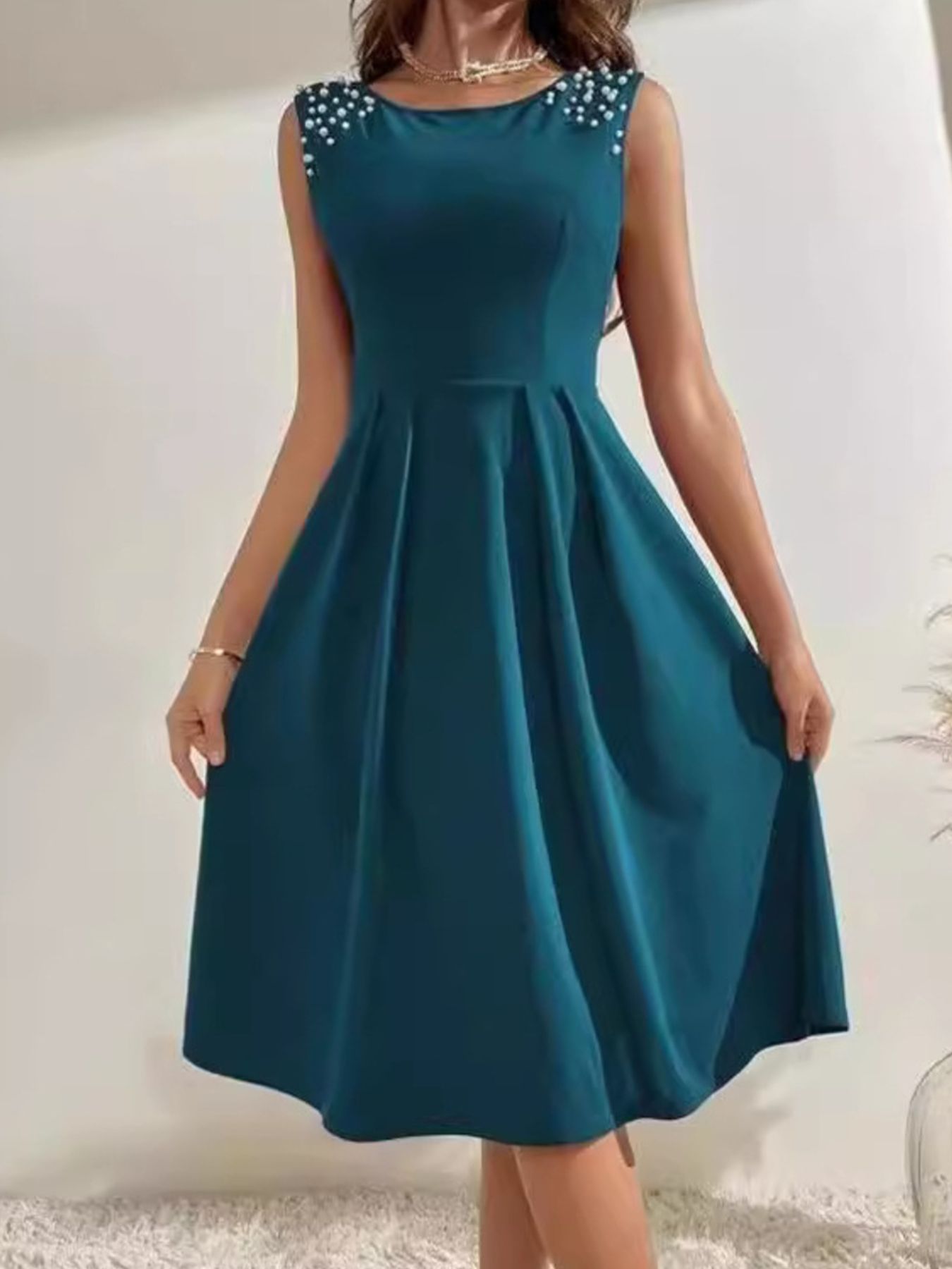 Pearl Detail Sleeveless Midi Dress-Nordavory