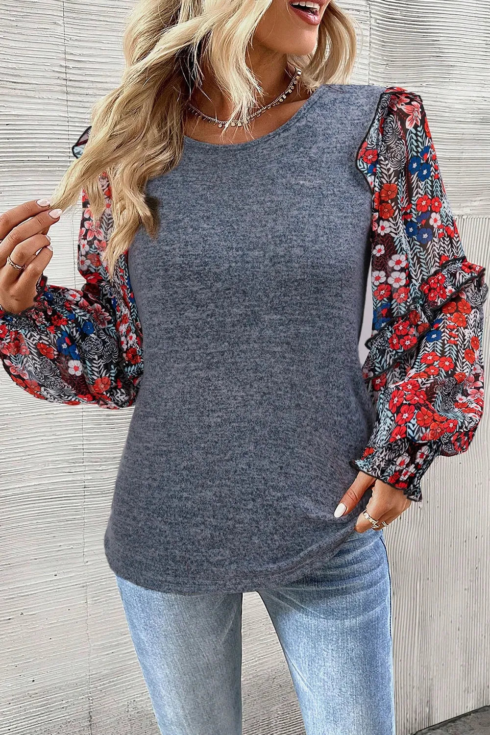 Heathered Floral Frill Lantern Sleeve Blouse-Nordavory