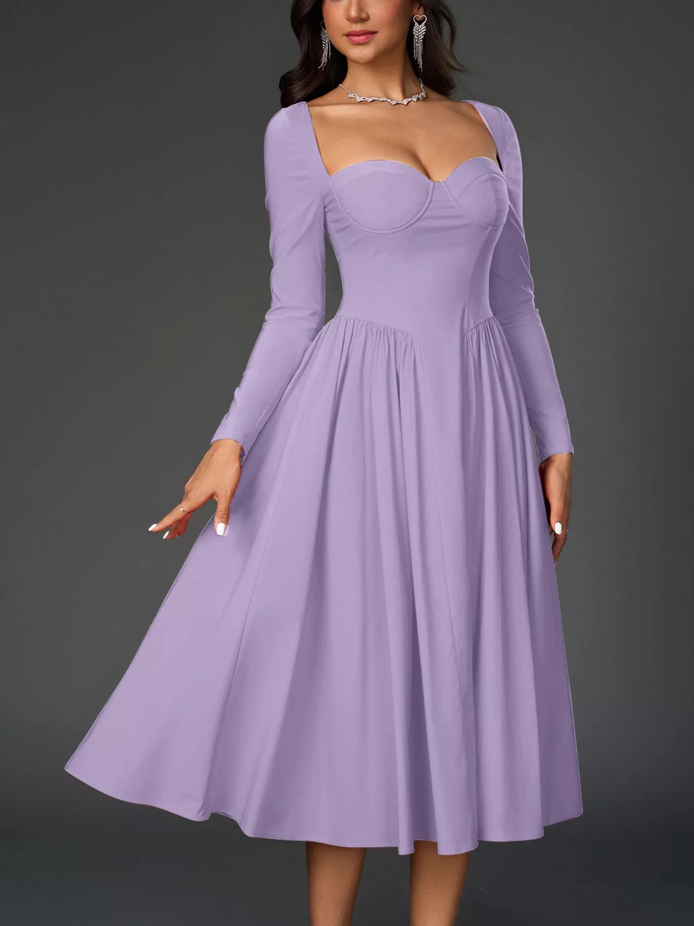 Sweetheart Neckline Long Sleeve A-Line Midi Dress-Nordavory