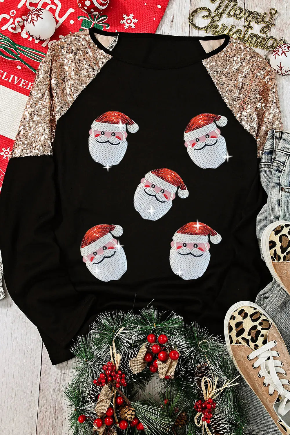 Santa Sequin Long Sleeve Round Neck Top-Nordavory