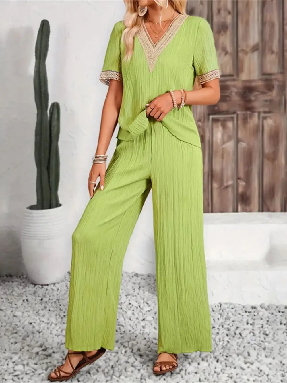 V-Neck Short Sleeve Top and Pants Set-Nordavory