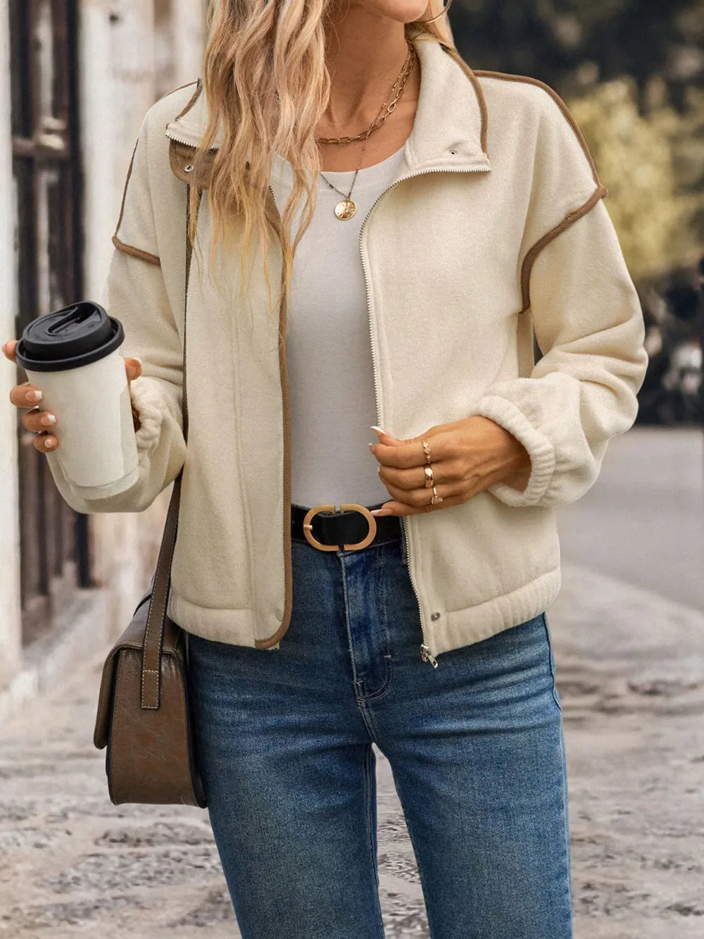 Perfee Zip Up Dropped Shoulder Polar Fleece Jacket-Nordavory