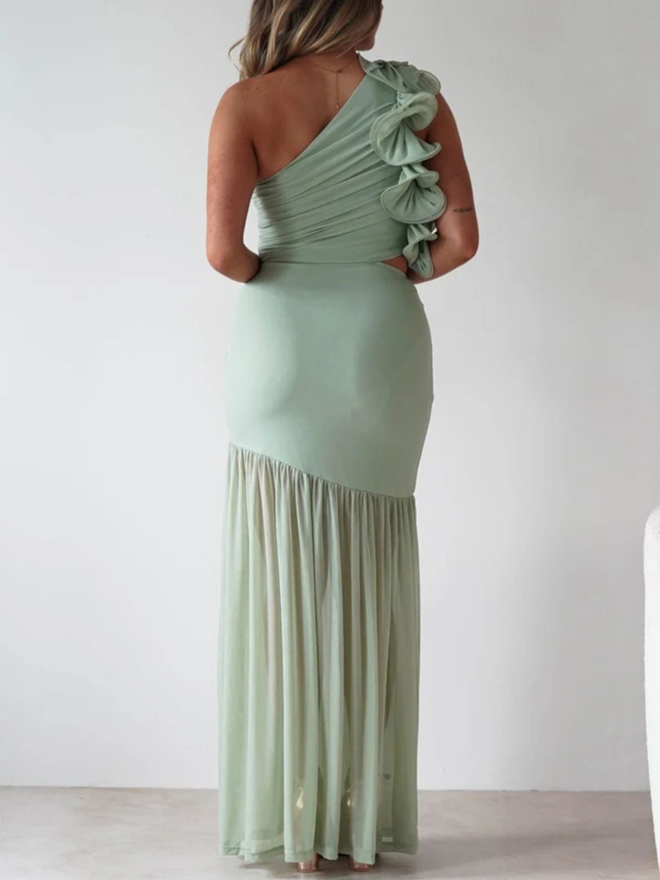 One-Shoulder Ruffle Trim Maxi Dress-Nordavory