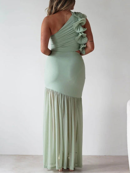 One-Shoulder Ruffle Trim Maxi Dress-Nordavory