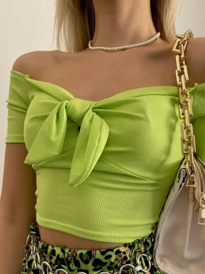 Off-Shoulder Bow-Tie Crop Top-Nordavory