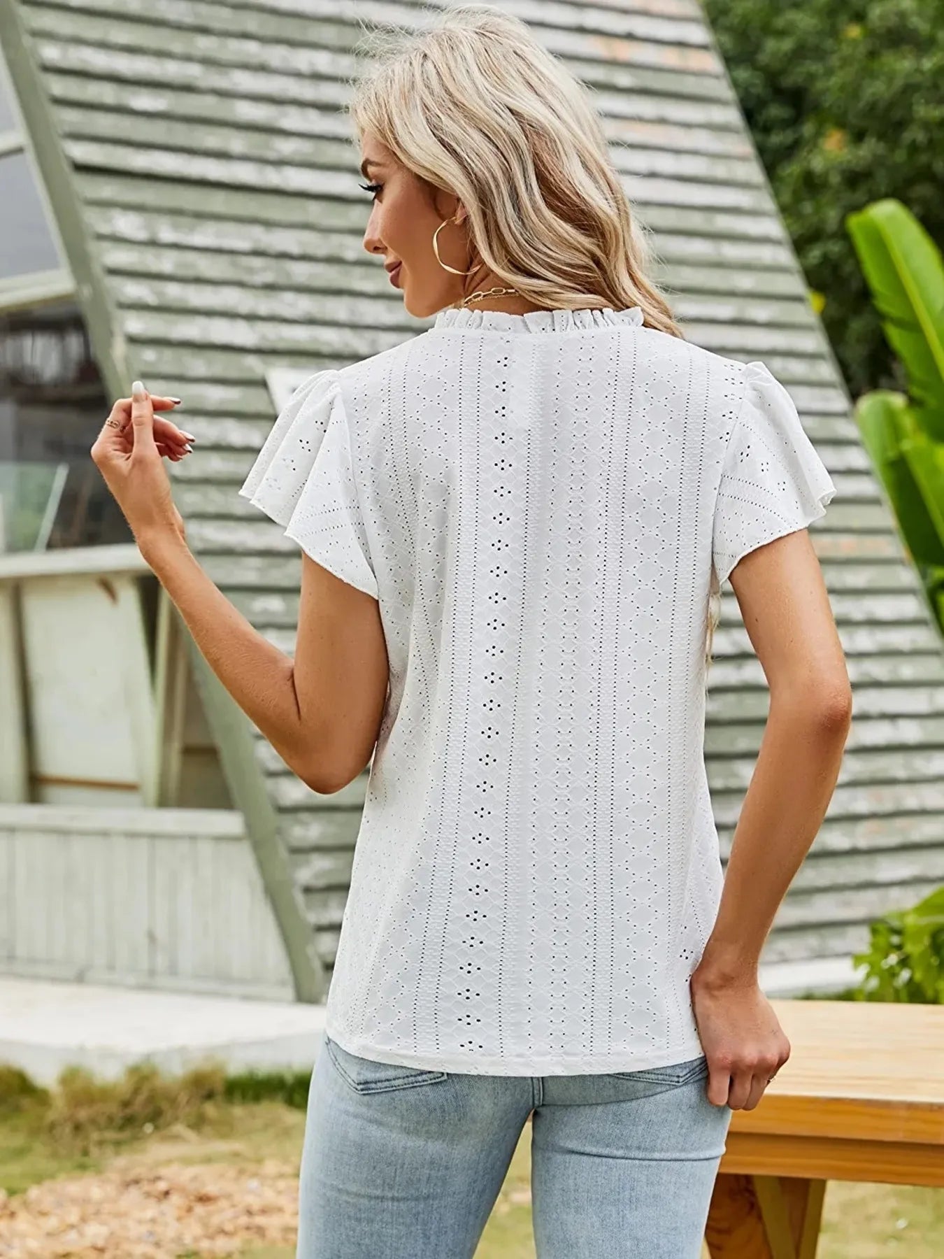 Eyelet Notched Short Sleeve T-Shirt-Nordavory