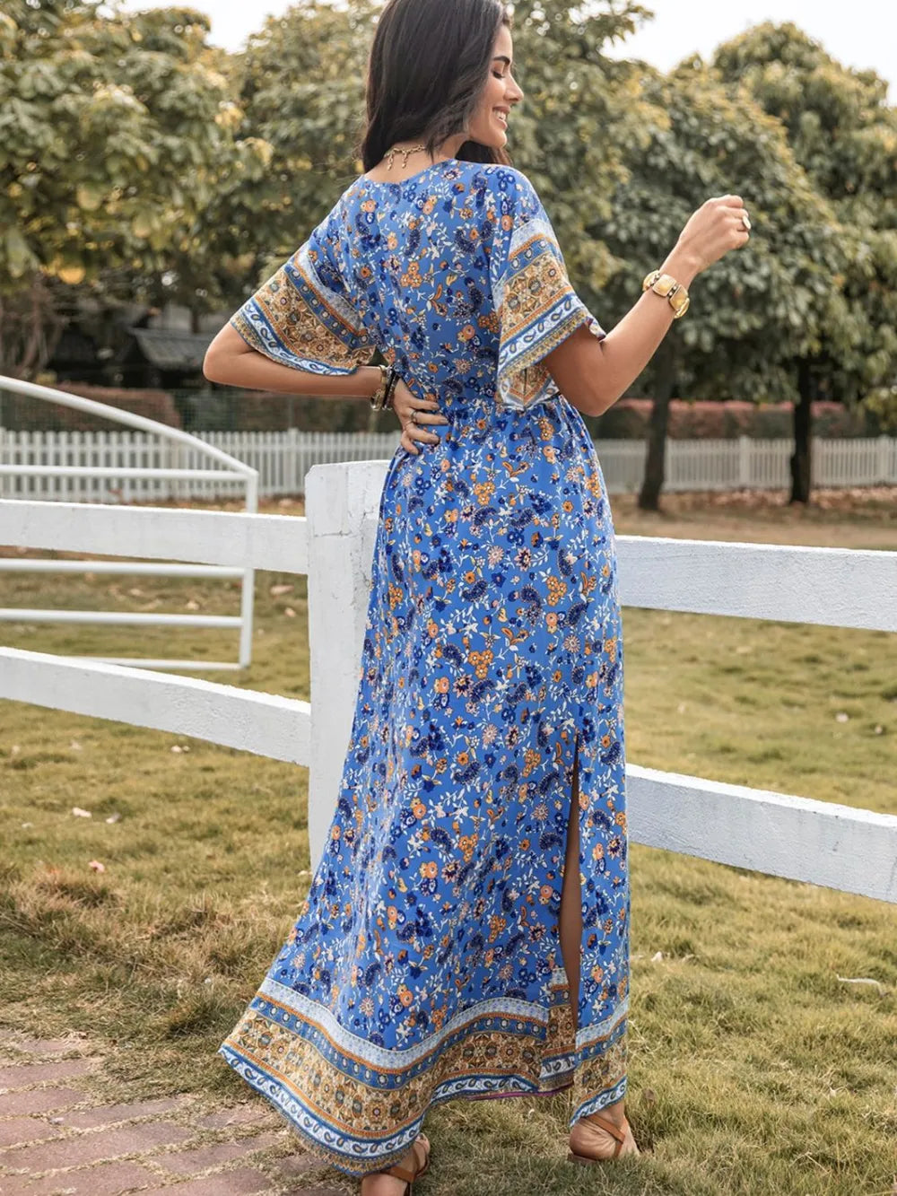 Slit Printed V-Neck Half Sleeve Maxi Dress-Nordavory