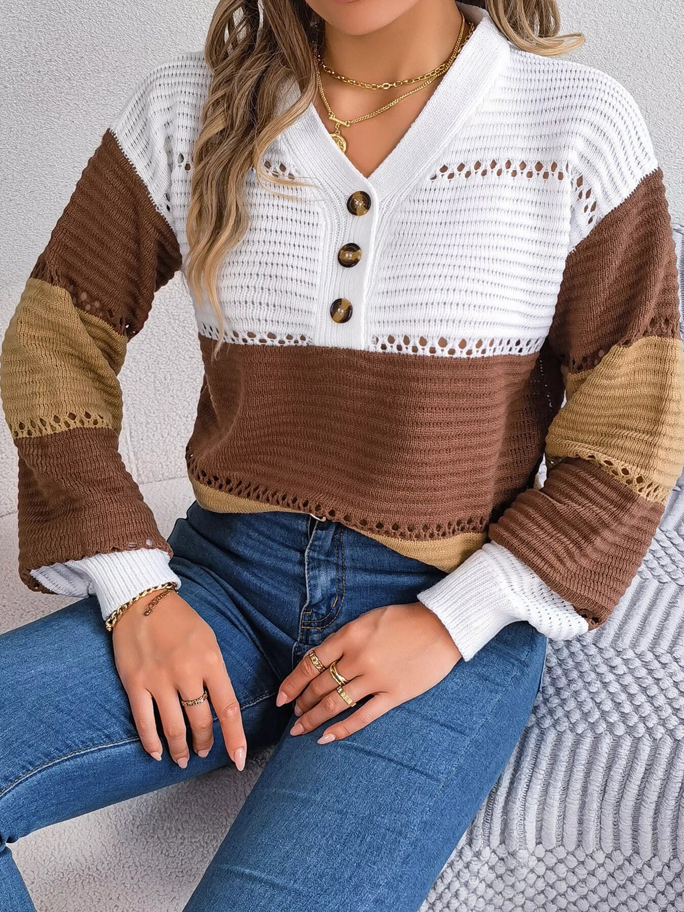 Color Block Striped V-Neck Button Detail Sweater-Nordavory