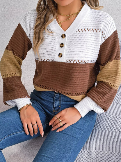 Color Block Striped V-Neck Button Detail Sweater-Nordavory